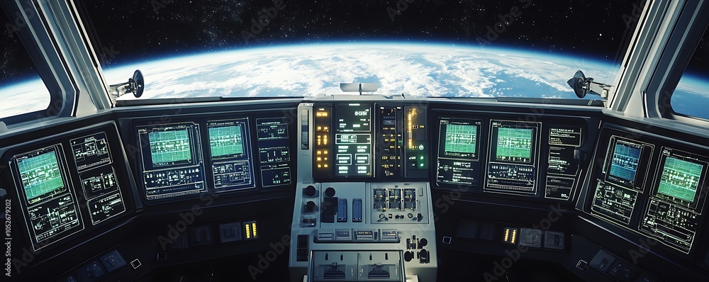 Obraz premium A tech-laden control panel aboard a space station orbiting Earth with bright display screens