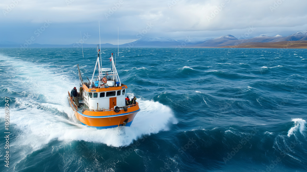 Naklejka premium Fishermen brave turbulent waters in pursuit of rich marine catches