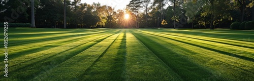 Freshly Mown Lawn Bathed in Morning Sunlight