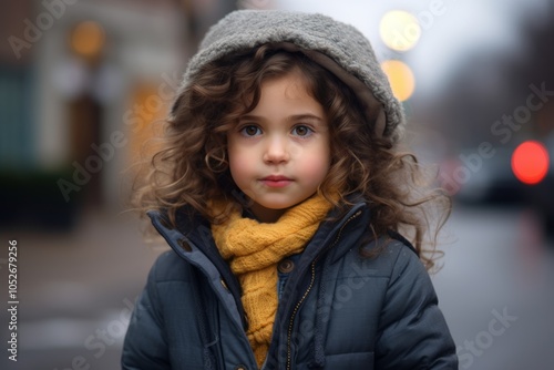 Portrait of a cute little girl with curly hair in a warm jacket and a hat.