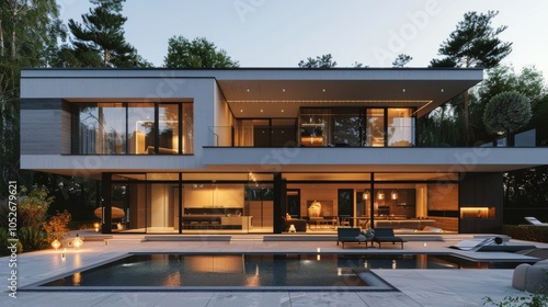 Modern House With Pool and Patio at Dusk
