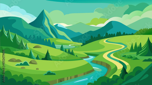 A tranquil landscape featuring rolling green hills, tall mountains, and a winding river under a vibrant sky at midday