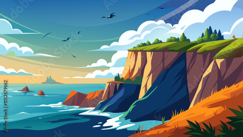 Scenic coastal cliffs at sunrise with vibrant colors and gentle waves lapping against the shore