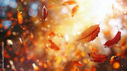Falling Autumn Leaves In A Sunlit Forest