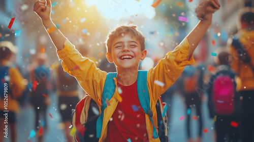 Joyful schoolboys celebrating together in vibrant city streets during the day photo