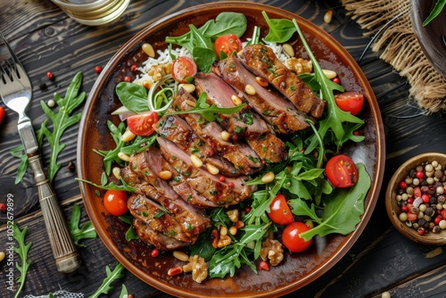 Roasted Meat, Greens, Pine Nuts and Brown Sause Top View. Exquisite Serving Dish of Barbecue Veal photo