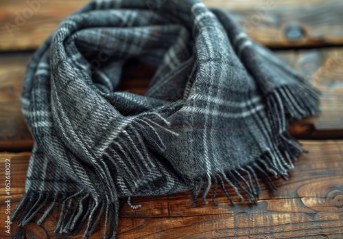 Black and Grey Plaid Scarf With Fringes on Rustic Wooden Background