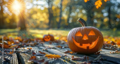 Carved Jack-O-Lantern On Wooden Path With Fall Leaves And Sunlight