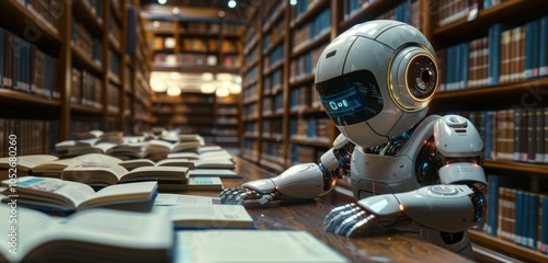 White Robot Writing Notes in a Library With Bookshelves