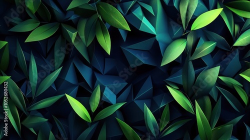 Green Leaves on Dark Geometric Background