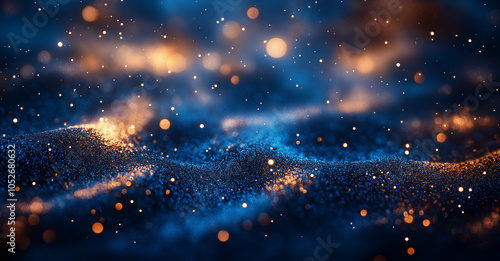 Abstract Background with Dark Blue and Gold Particles: Christmas Golden Light Shine Bokeh on Navy Blue Background with Gold Foil Texture for Holiday Concepts