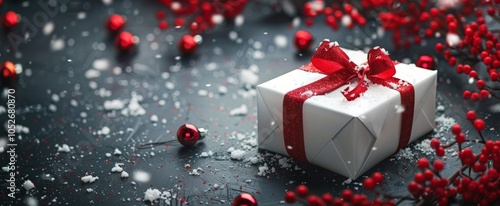 A Snowy Christmas Gift Wrapped in Red Ribbon and Surrounded by Holly