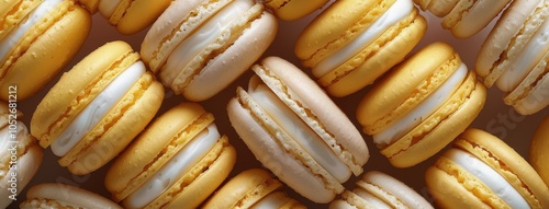 Close Up View of Golden Macarons With White Filling on a Tan Surface
