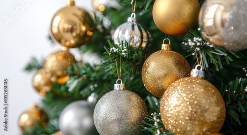 Close Up of Gold and Silver Ornaments Hanging on a Christmas Tree