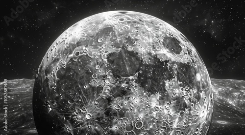 A Black And White Image of the Moons Surface With Stars in the Background