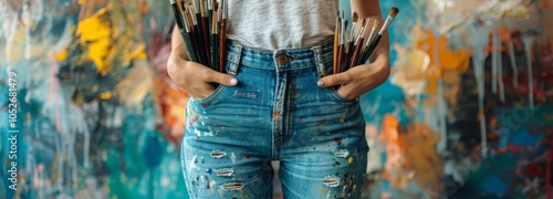 Woman's Blue Jeans Filled With Paintbrushes and Pencils