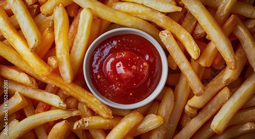Crispy French Fries With Ketchup in a Brown Bowl on Red Background
