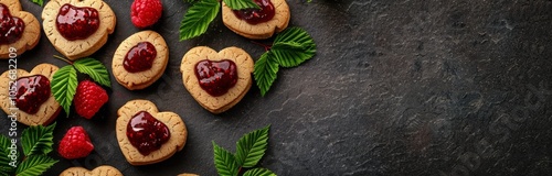 Heart Shaped Raspberry Jam Cookies On Black Background
