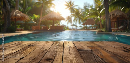 Wooden Deck Overlooking Pool With Tropical Lush Greenery