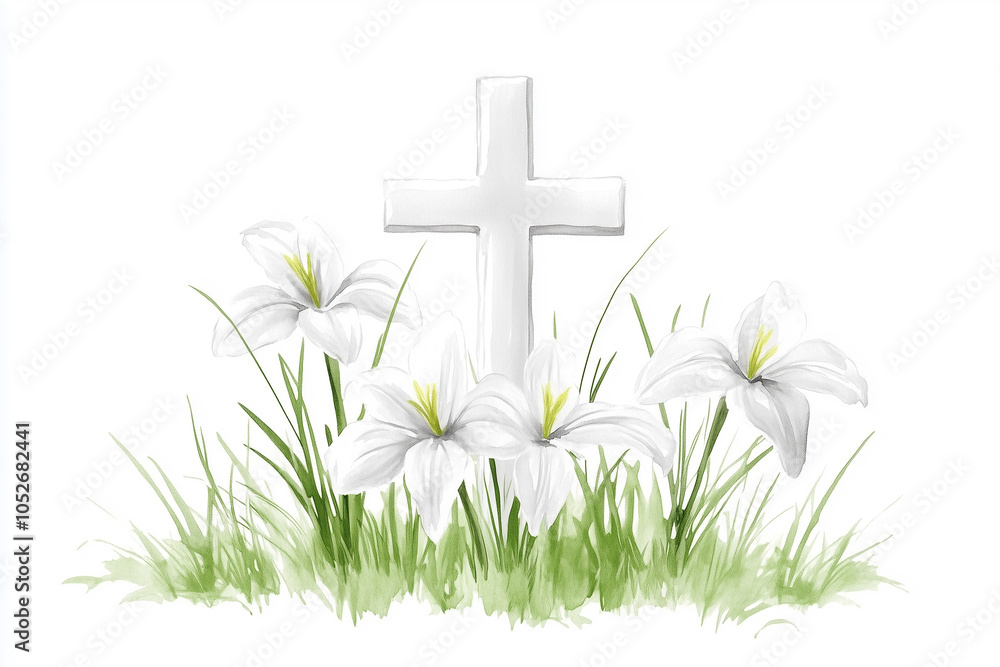 A serene illustration featuring a white cross surrounded by white lilies and green grass. The background is plain white, emphasizing the purity and simplicity of the scene A serene illustration featuring a white cross surrounded by white lilies and green grass. The background is plain white, emphasizing the purity and simplicity of the scene