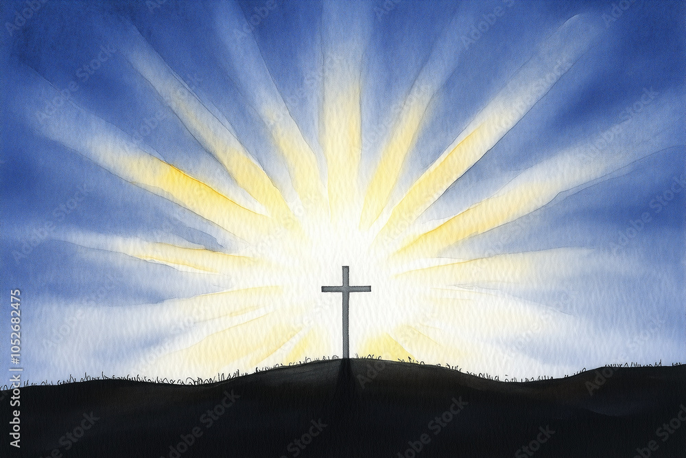 Obraz premium A silhouette of a cross on a hill against a radiant sunrise. The sky is filled with soft blue and yellow rays emanating from the sun, creating a serene and uplifting atmosphere.