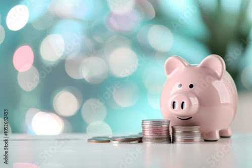 Piggy Bank and Coins on Blue Background