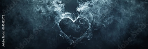 Realistic Smoke Heart on Dark Background, Steam Love Symbol, Cloud Transparent Valentine Silhouette