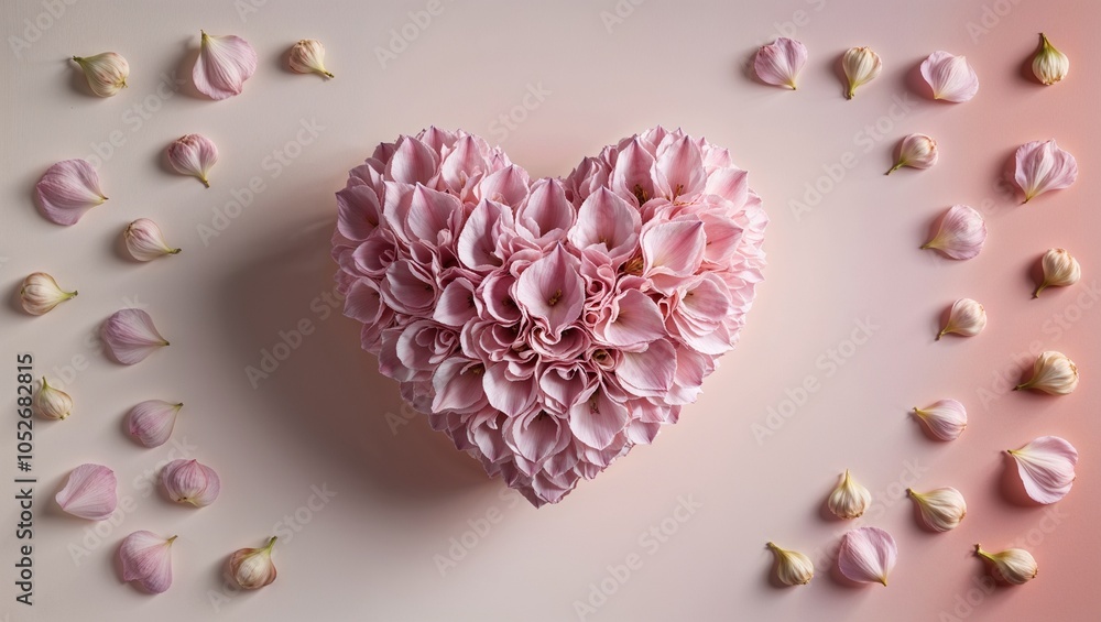 Beautiful heart sculpture made from pink rose petals, surrounded by delicate dried flowers on a pastel background, perfect for romantic themes.
Beautiful heart sculpture made from pink rose petals, surrounded by delicate dried flowers on a pastel background, perfect for romantic themes.