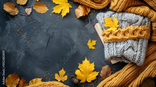 Yellow Autumn Leaves and Knitted Scarves on a Dark Background