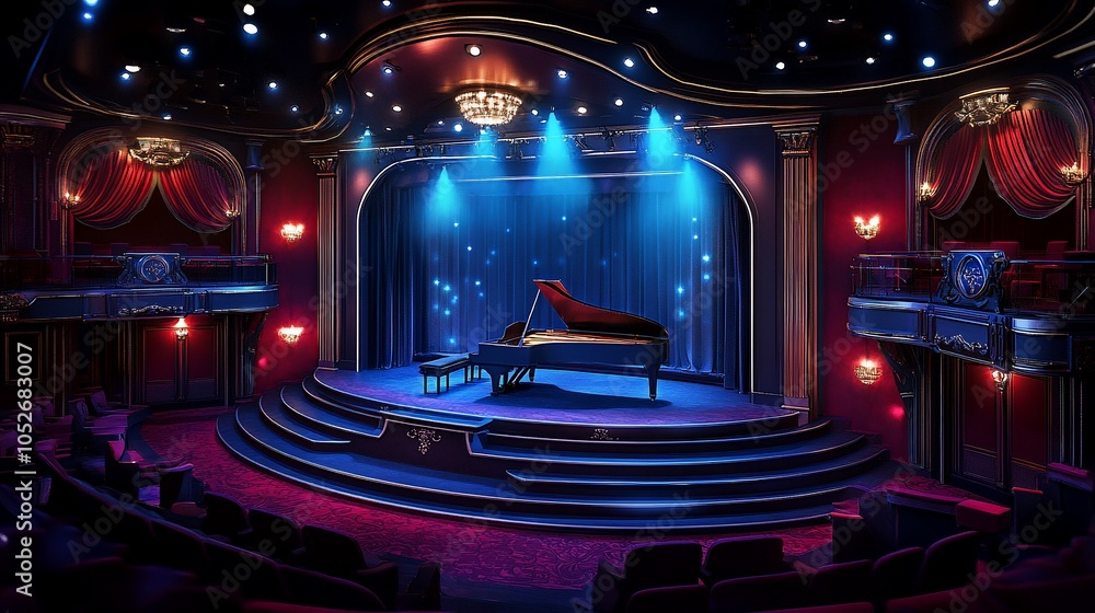 Obraz premium A grand stage with a piano and velvet seats lit by stage lights.