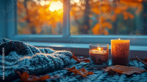 Yellow Autumn Leaves and Knitted Scarves on a Dark Background