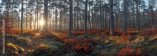 Golden Sunlight Filtering Through Tall Trees in a Dense Forest at Sunset