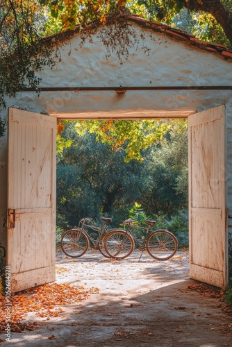 Two bicycles resting in a lush green garage during autumn afternoon light