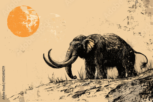 Prehistoric wooly mammoth animal with tusks background. Grunge textured stone ages history museum horizontal banner template with empty place for text. Archaeology extinct animal. Vector illustration