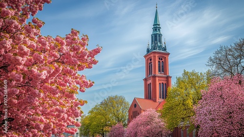 Spring blossoms frame a historic church under a bright blue sky in a vibrant ...