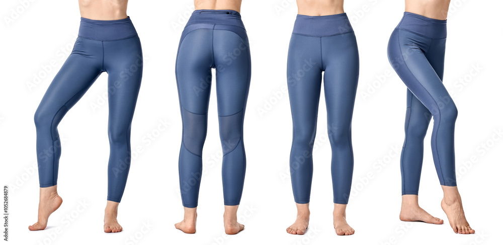 Obraz premium Woman posing in yoga leggings on white background, closeup. Collage of photos