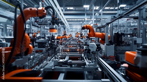 Smart factory floor with automated machines assembling intricate parts for production