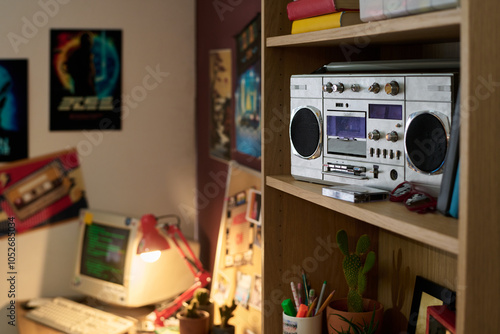 Retro-themed room exhibiting vintage electronics, including a classic boombox on wooden shelving surrounded by old posters, books, and a retro computer setup on desk with ambient lighting photo