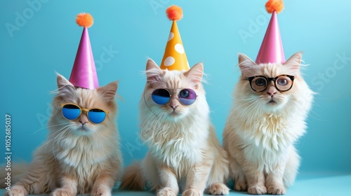Three White Cats Wearing Party Hats and Sunglasses on a Blue Background