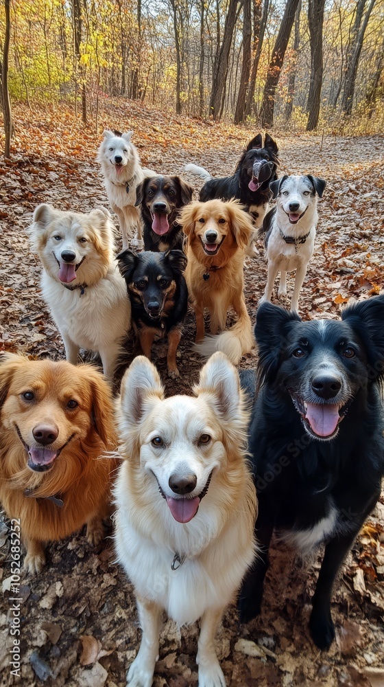 Group of Happy Dogs in Autumn Forest Group of Happy Dogs in Autumn Forest