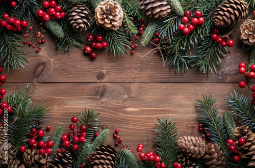 Christmas Decorations on Rustic Wood Background