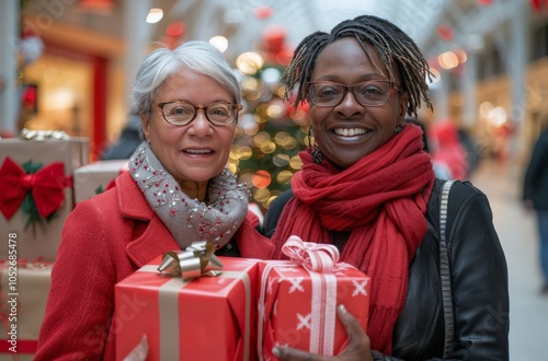 Two Friends Exchange Christmas Gifts in a Mall