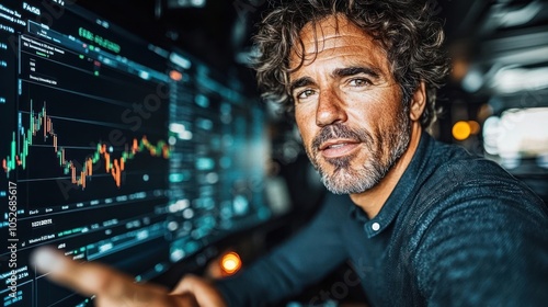 Man Examining Stock Market Data on Computer Screen