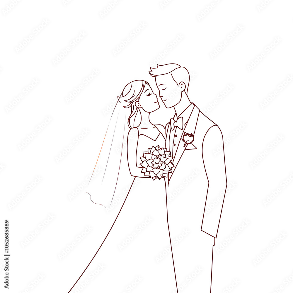 Vector line drawing of the bride and groom on white background. Generative AI Vector line drawing of the bride and groom on white background. Generative AI