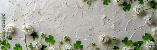 White Clover Flowers and Green Leaves on Concrete Background