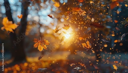 Autumn Leaves Falling in a Forest at Sunset