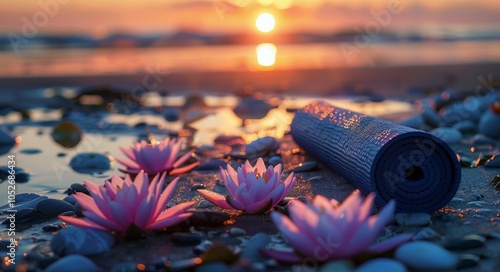 Rolled Yoga Mat and Pink Lotus Flowers on Beach at Sunset