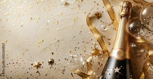Champagne Bottle and Glass With Gold Confetti and Ribbons