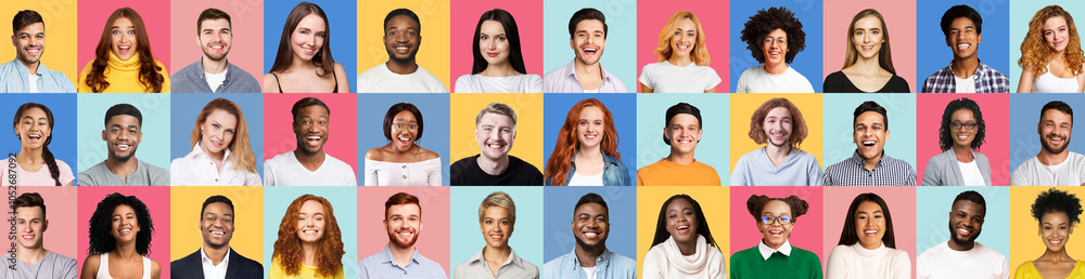 Collage Of Cheerful Mixed Millennials Portraits, Different Real People Smiling Posing On Colorful Backgrounds. Panorama Collage Of Cheerful Mixed Millennials Portraits, Different Real People Smiling Posing On Colorful Backgrounds. Panorama