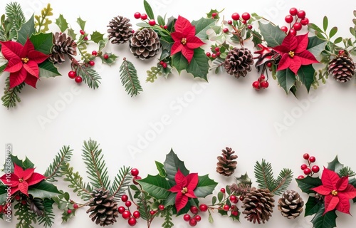 Festive Christmas Decorations With Red Poinsettia, Holly Berries, Pine Cones,...